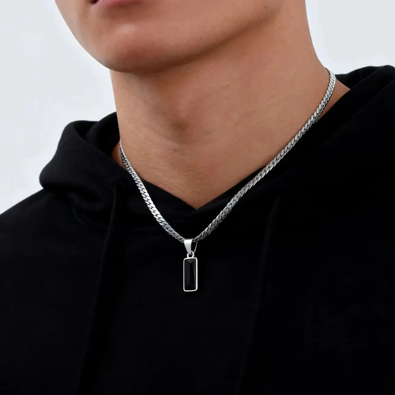 Stylish Mens Geometric Stone Pendent Necklaces,Stainless Steel Flat Cuban Chain Collars,Hip Hop Jewelry