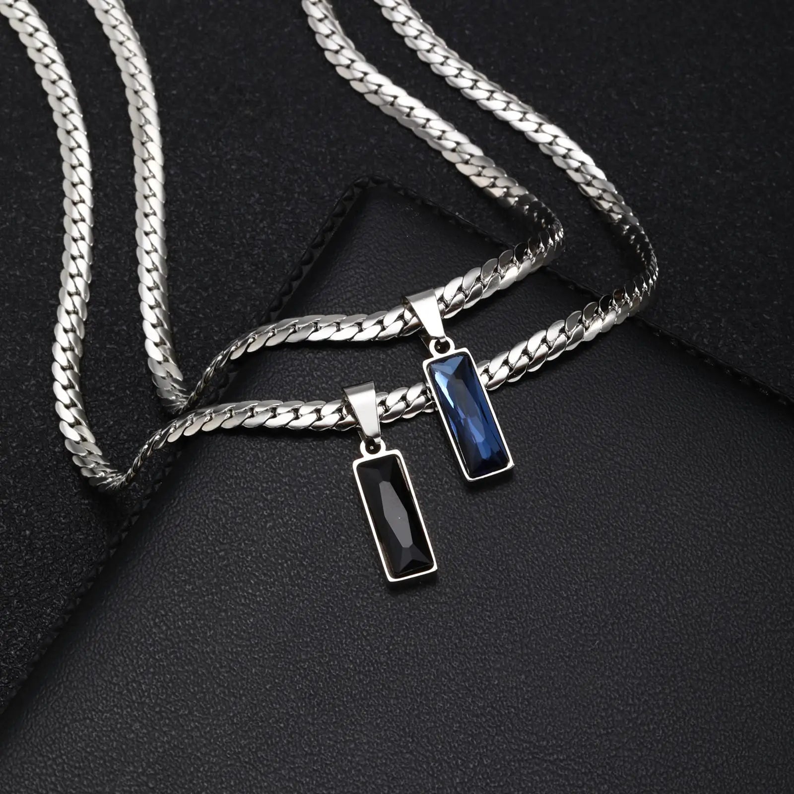 Stylish Mens Geometric Stone Pendent Necklaces,Stainless Steel Flat Cuban Chain Collars,Hip Hop Jewelry
