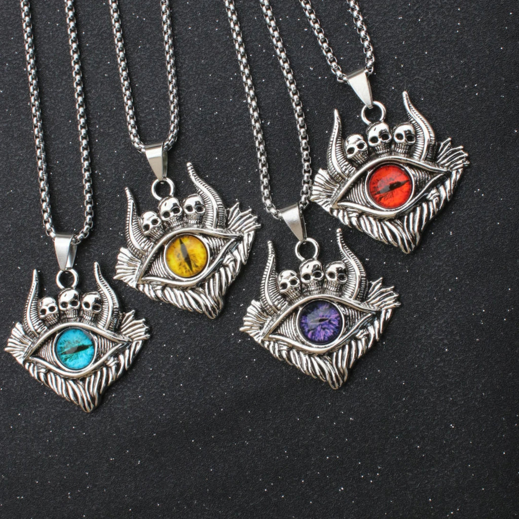 Hip Hop Rock Evil Eye Pendant Necklace For Men Stainless Steel Chain Skull Jewelry