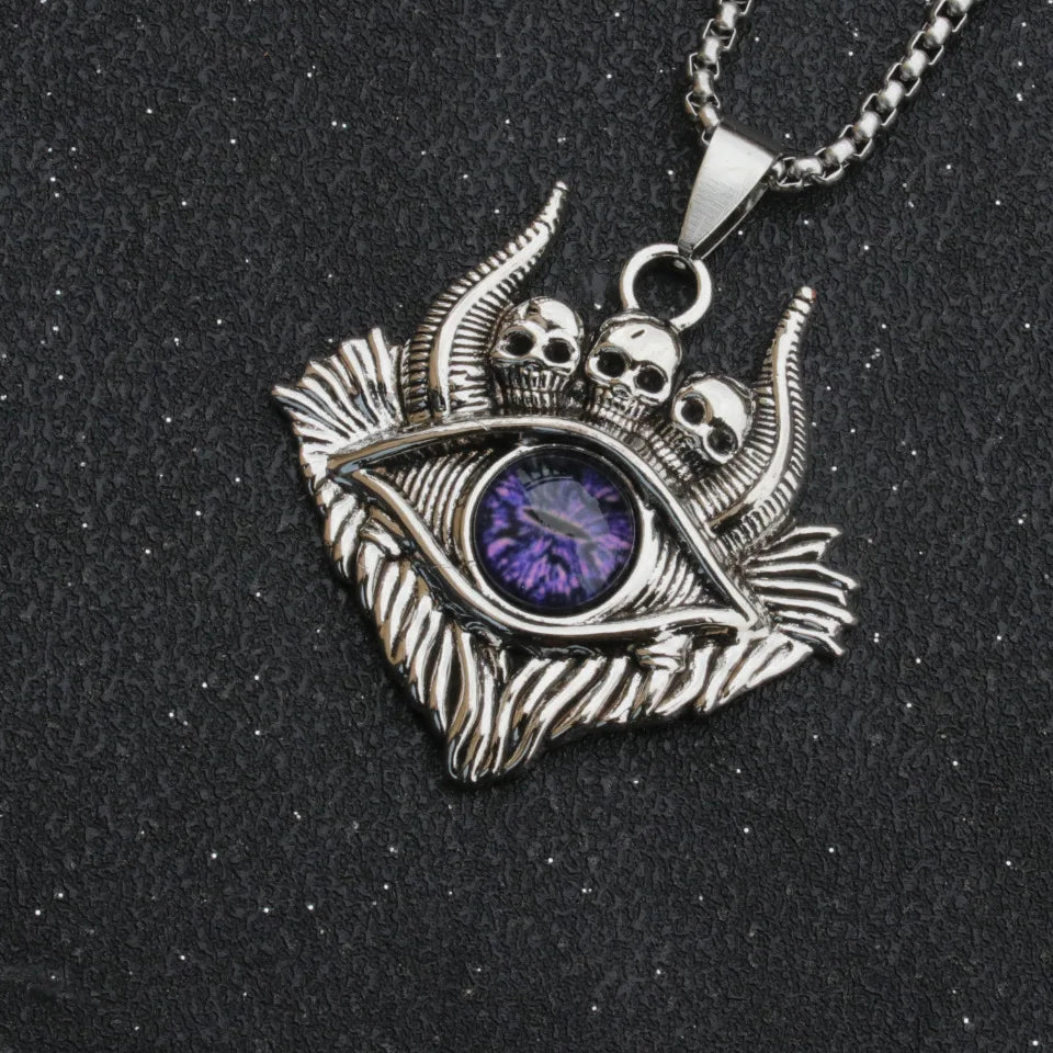 Hip Hop Rock Evil Eye Pendant Necklace For Men Stainless Steel Chain Skull Jewelry