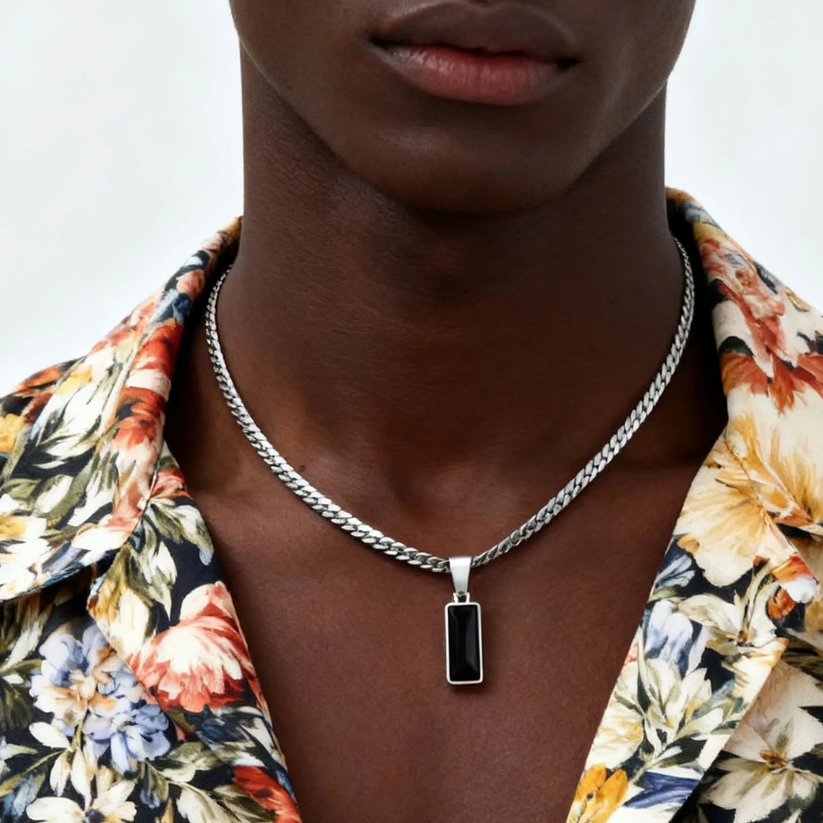 Stylish Mens Geometric Stone Pendent Necklaces,Stainless Steel Flat Cuban Chain Collars,Hip Hop Jewelry
