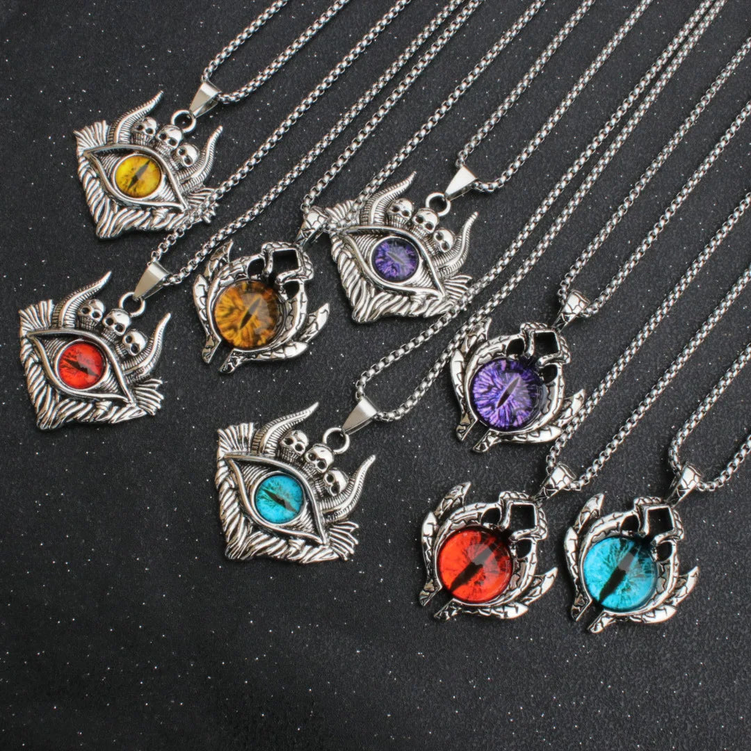 Hip Hop Rock Evil Eye Pendant Necklace For Men Stainless Steel Chain Skull Jewelry