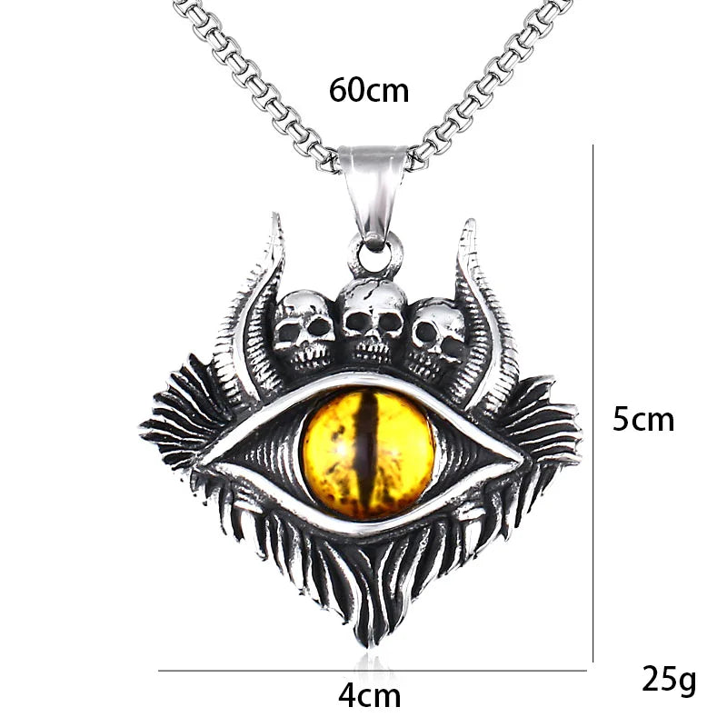 Hip Hop Rock Evil Eye Pendant Necklace For Men Stainless Steel Chain Skull Jewelry