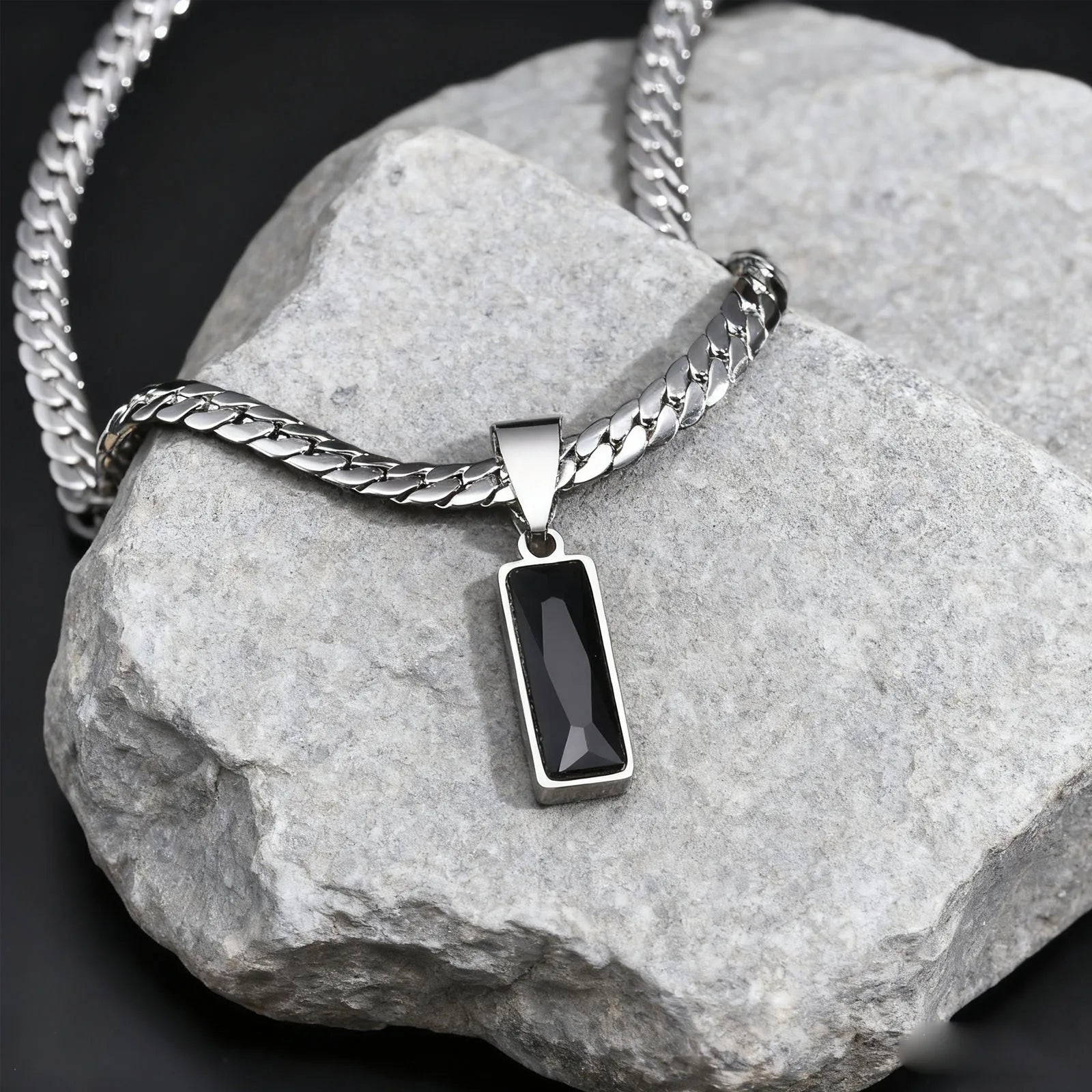 Stylish Mens Geometric Stone Pendent Necklaces,Stainless Steel Flat Cuban Chain Collars,Hip Hop Jewelry